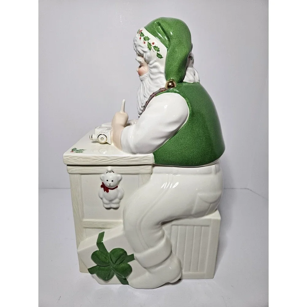 Lenox Santa Workbench Cookie Jar Ceramic Christmas Toy Shop Elf Figurine Gold